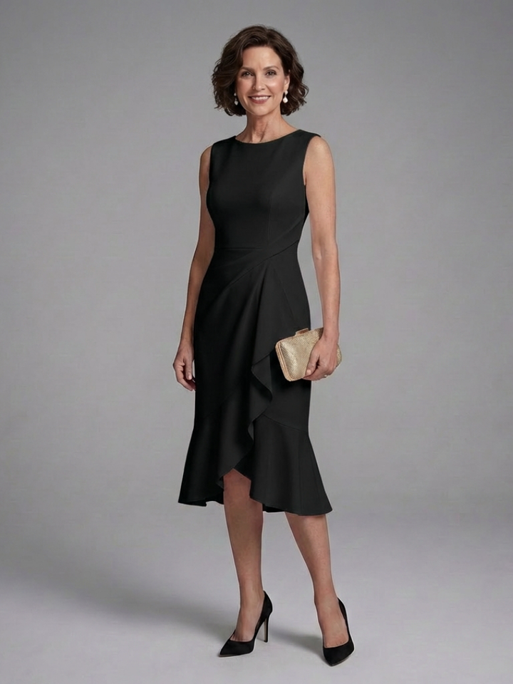 Elegant Sleeveless Midi Dress for Women with Ruffle Hem Fitted Waist Formal Wedding Guest Style