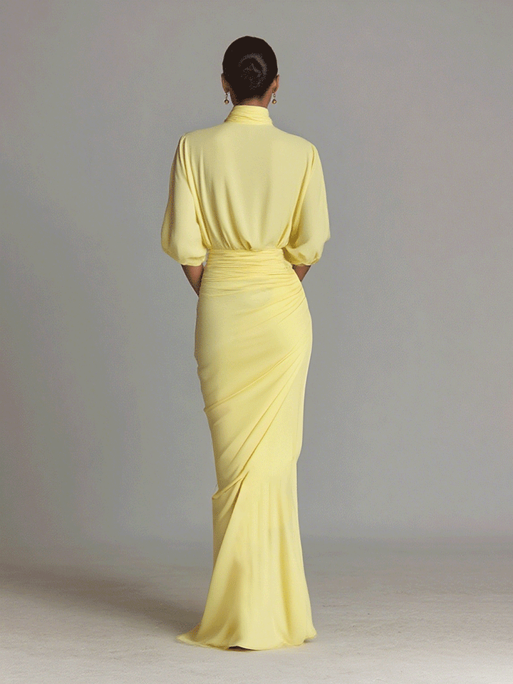 Madison | Yellow Draped Turtleneck Batwing Sleeve Maxi Dress