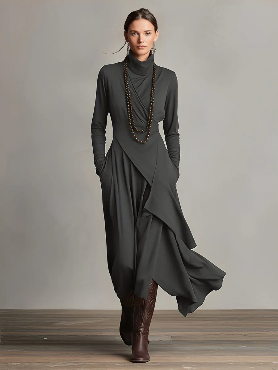 Celeste | Purple Dress for Women with Turtleneck Asymmetric Draped Maxi Style