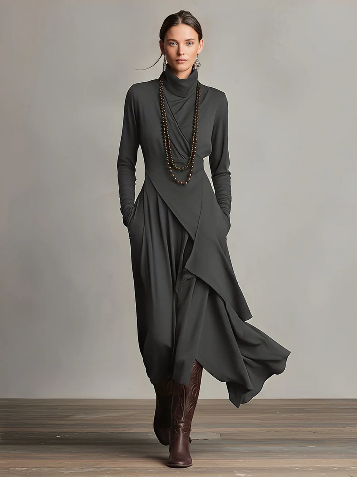 Celeste | Purple Dress for Women with Turtleneck Asymmetric Draped Maxi Style