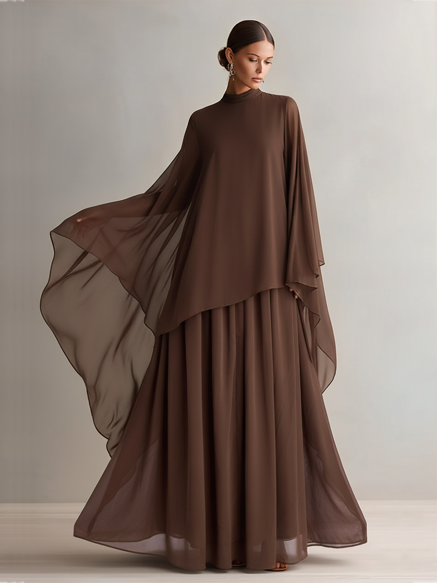 Aria | Brown Chiffon Turtleneck Cape Sleeve Flowing Formal Maxi Dress