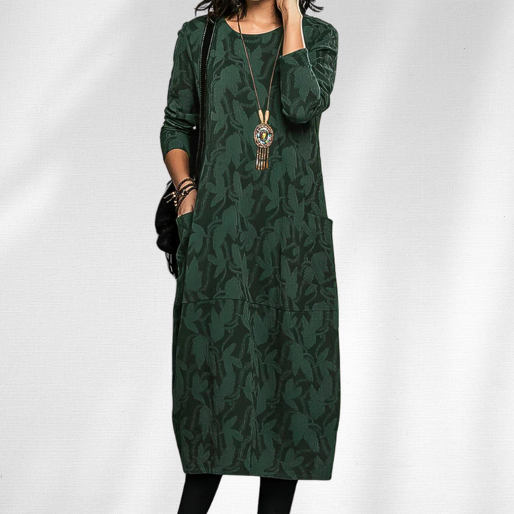 Effortless Printed Maxi Dress for Women with Round Neck Long Sleeve Side Pocket Relaxed Bohemian Style