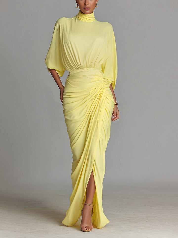 Madison | Yellow Draped Turtleneck Batwing Sleeve Maxi Dress