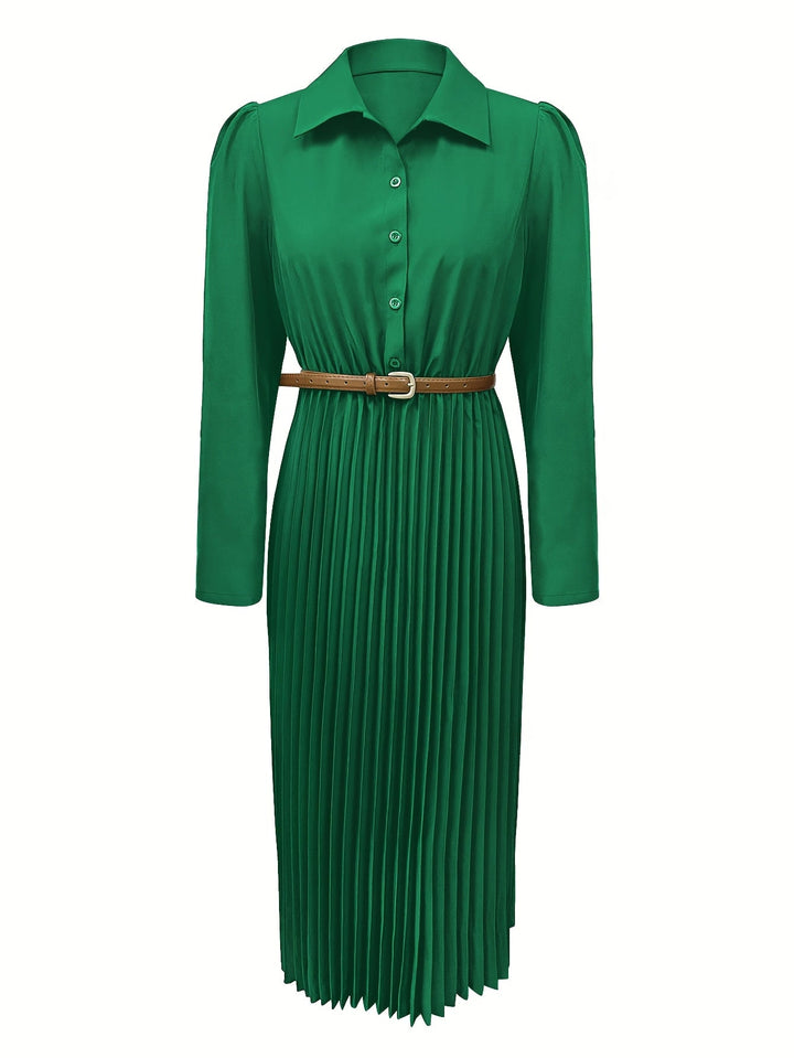 Elegant Pleated Shirt Dress for Women with Collar Long Sleeve Belted Flowing Style