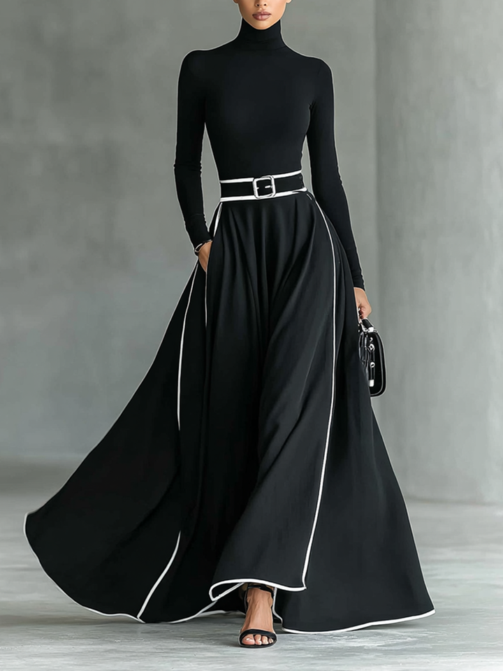 Reese | Turtleneck White Trim Belt Waist Flared Maxi Dress