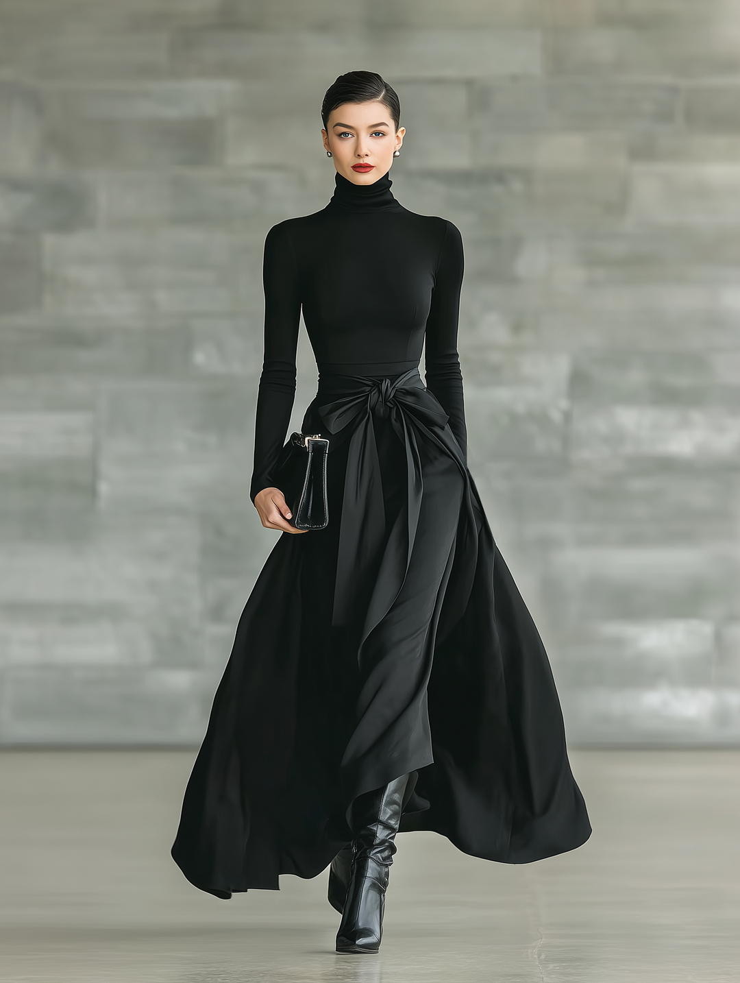 Vera | Black Turtleneck Bow Waist Satin Flared Maxi Dress