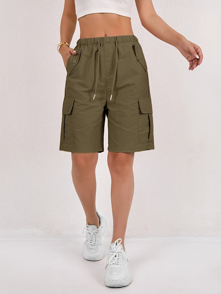 Effortless Pink Cargo Shorts for Women with High Waist Drawstring Flap Pocket Relaxed Style