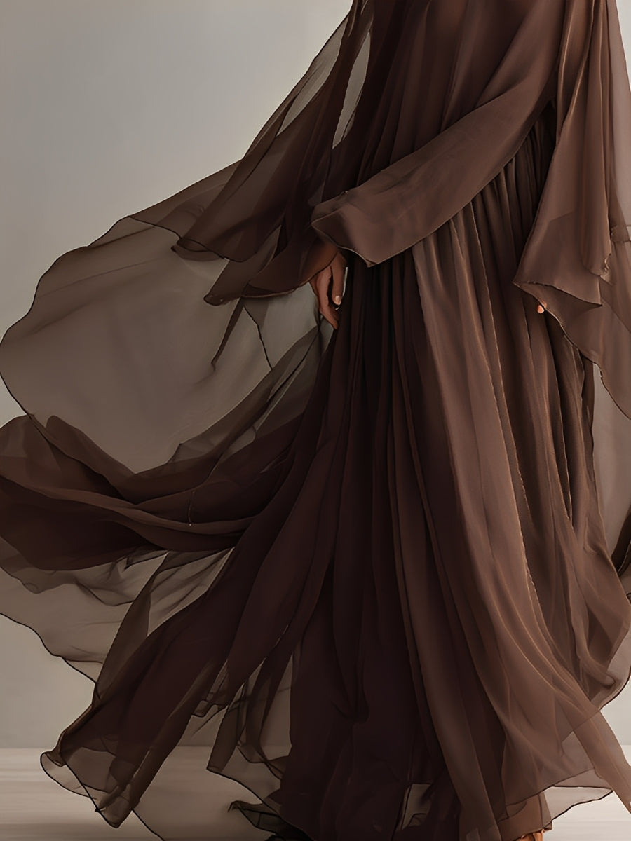 Aria | Brown Chiffon Turtleneck Cape Sleeve Flowing Formal Maxi Dress