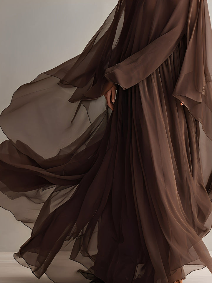 Aria | Brown Chiffon Turtleneck Cape Sleeve Flowing Formal Maxi Dress