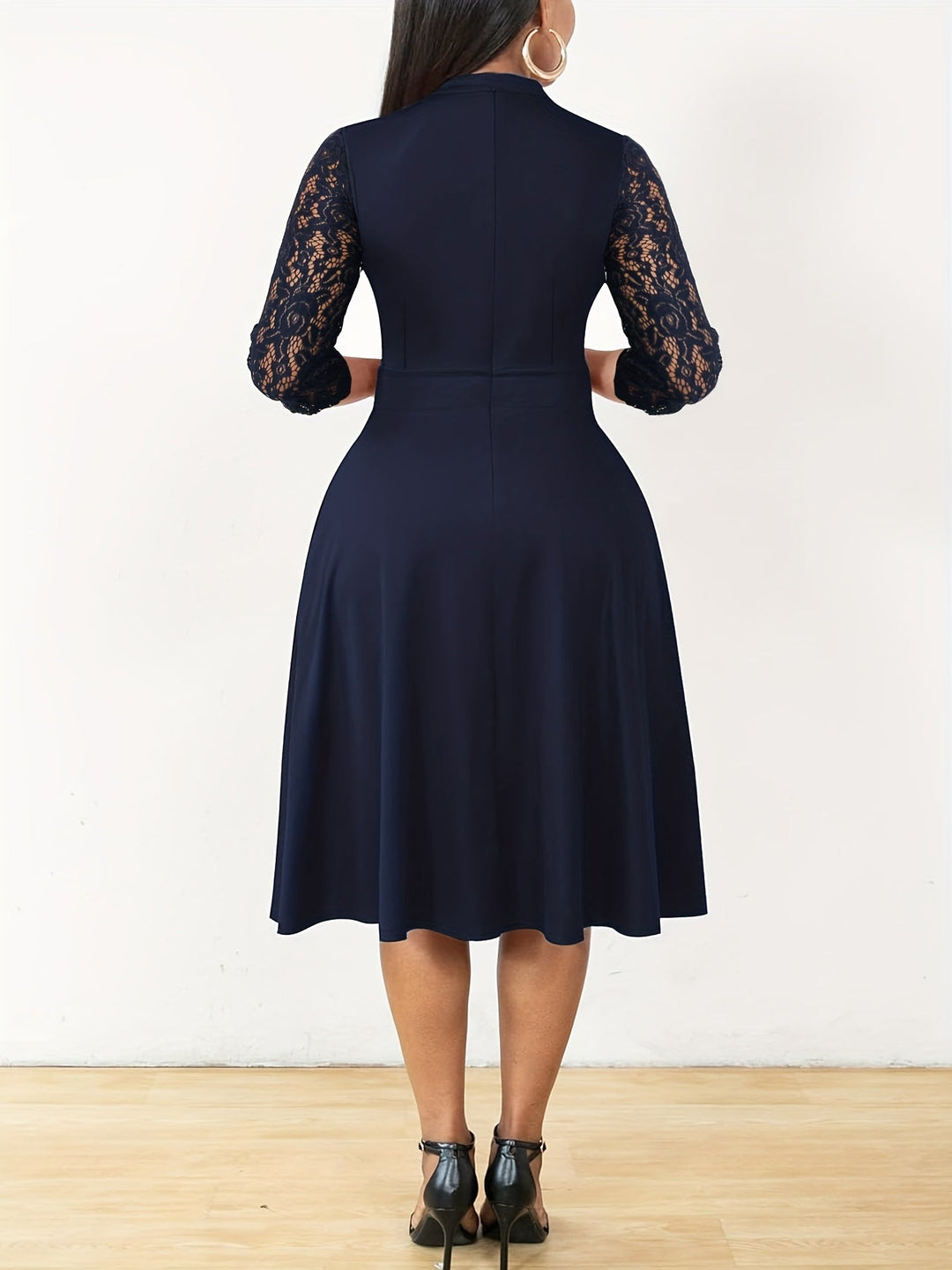 Elegant Lace Midi Dress for Women with Notch Neck Three Quarter Sleeve Fit and Flare Cocktail Style
