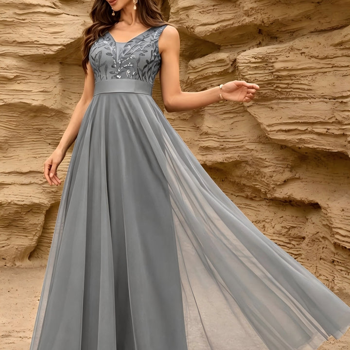 Elegant Embroidered Sequin Maxi Dress for Women with V Neck Sleeveless A Line Formal Wedding Guest Style
