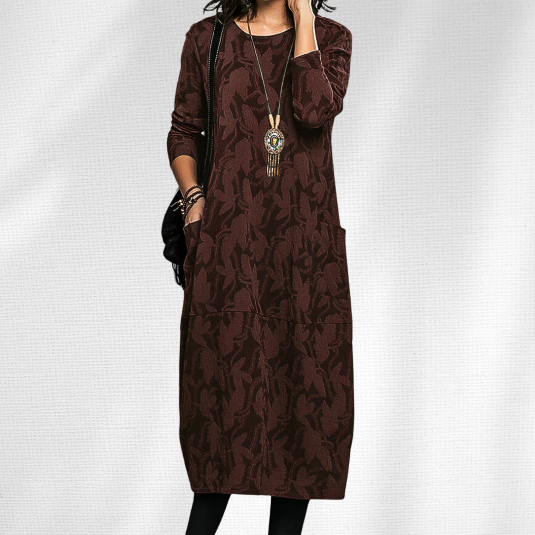 Effortless Printed Maxi Dress for Women with Round Neck Long Sleeve Side Pocket Relaxed Bohemian Style