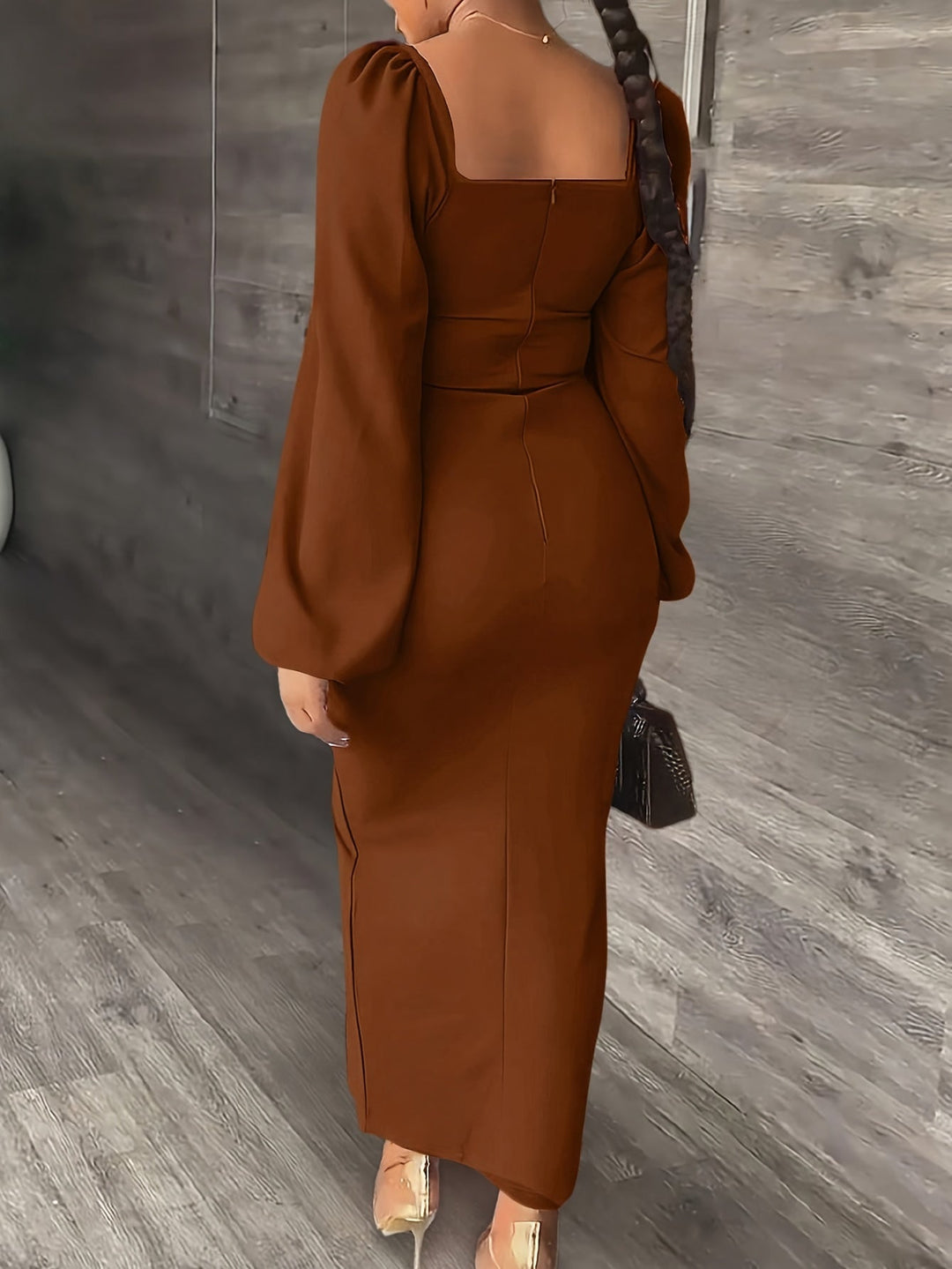 Elegant Bodycon Midi Dress for Women with Square Neck Long Puff Sleeve Side Slit Cocktail Style