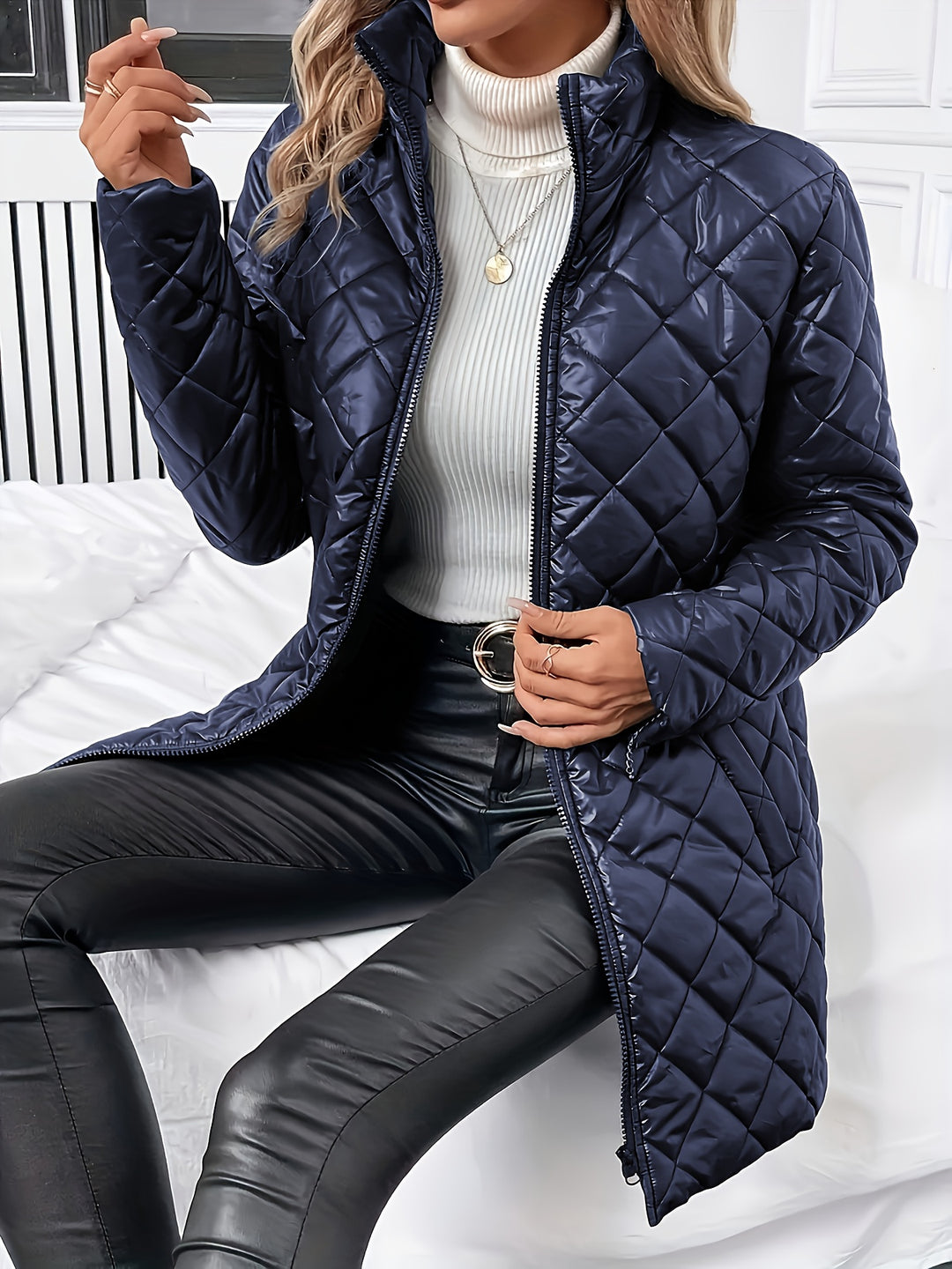 Women's Quilted Coat Open Front Collarless Lightweight Padded Jacket