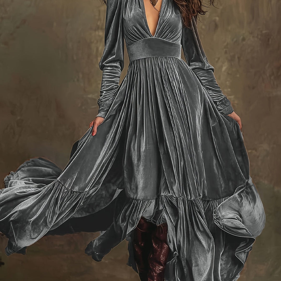 Elegant Velvet Maxi Dress for Women with Plunging V Neck Long Sleeve Tiered Ruffle Flowing Style