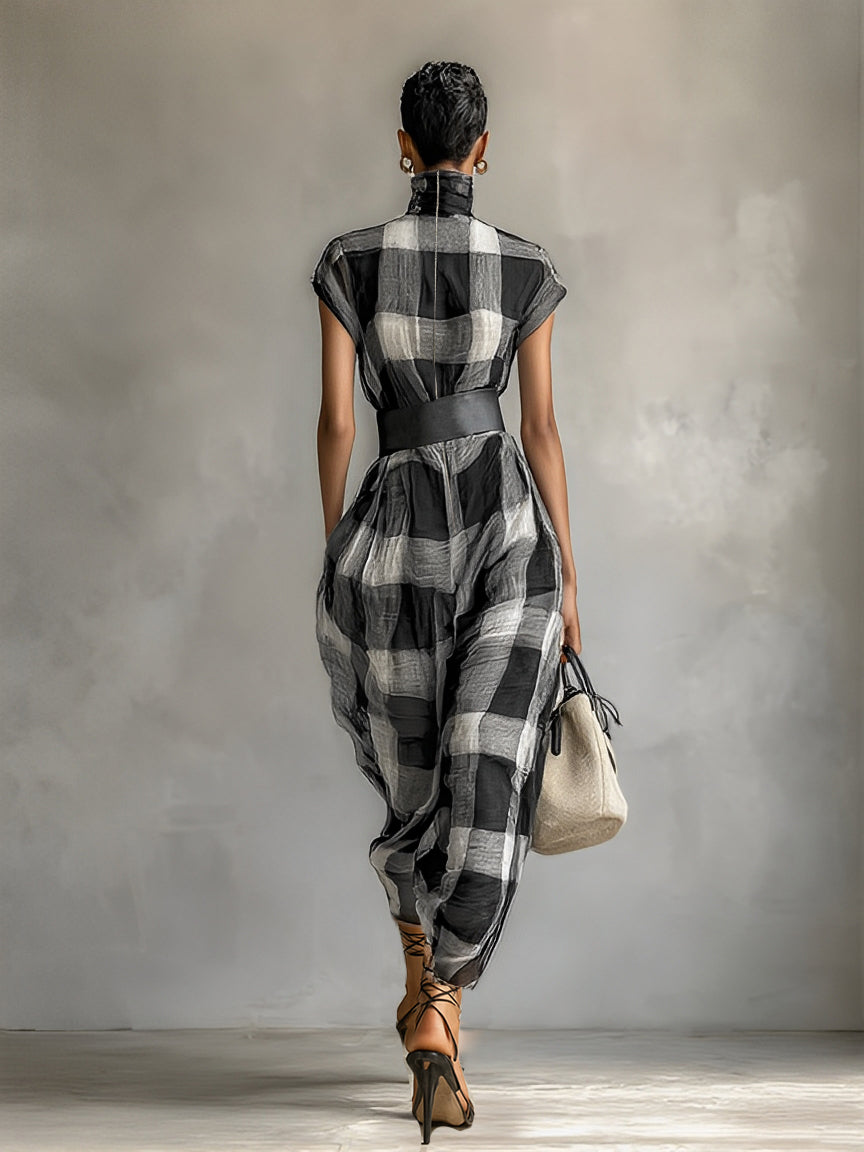 Tatum | Black Plaid Mock Neck Belt Waist Flared Maxi Dress