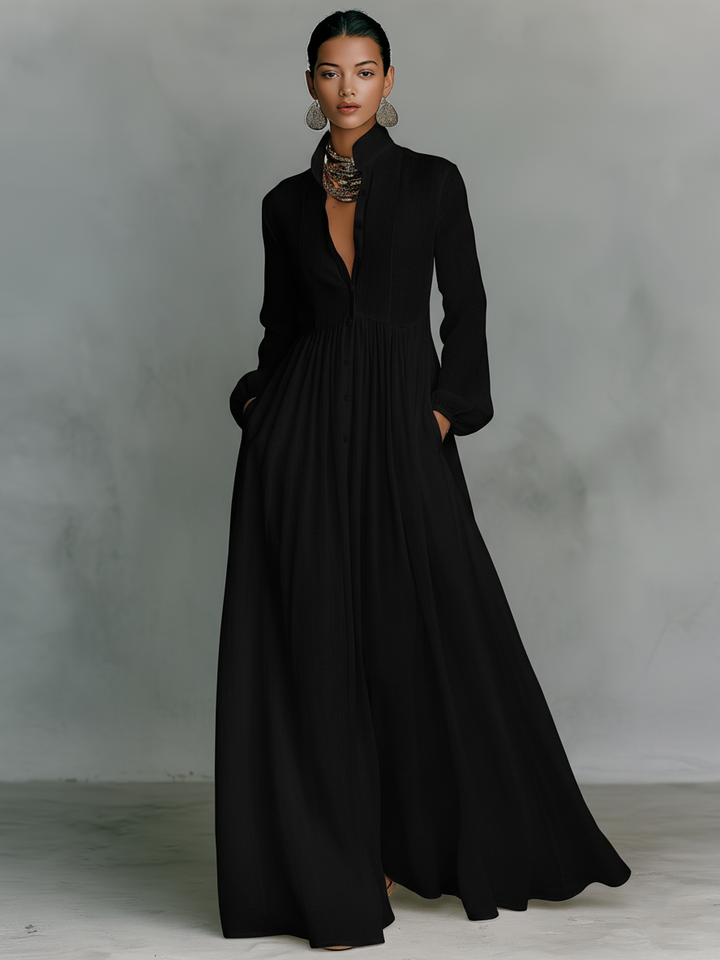 Lauren | Linen Stand Collar Pleated Maxi Dress for Women