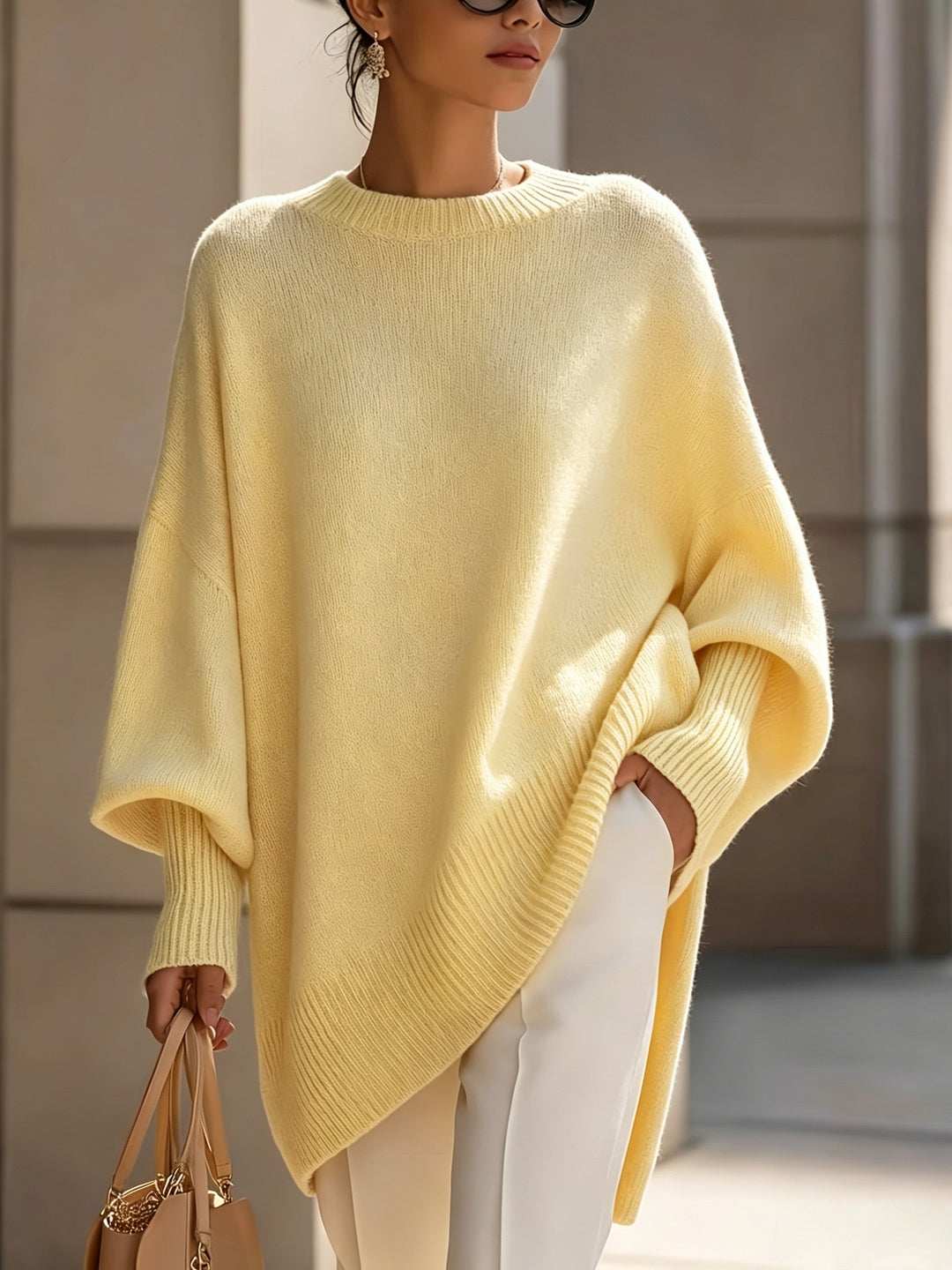 French-style Relaxed Silhouette Top, Irregular Slanted Hem Loose Lantern Sleeve Sweater, Gentle and Elegant Loose Fit That Is, Urban Casual Style