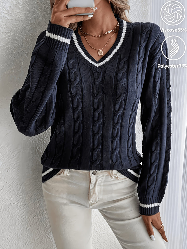 Women's Contrast Trim V Neck Long Sleeve Cable Knit Sweater