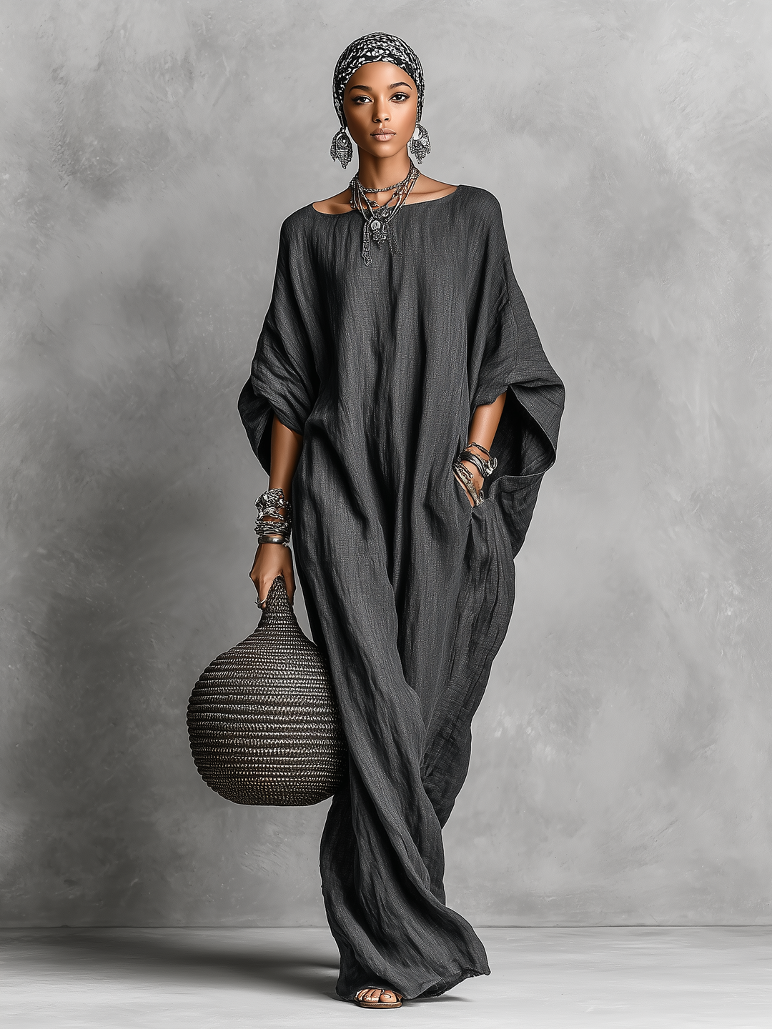 Sage | Gray Linen Batwing Sleeve Oversized Casual Maxi Dress