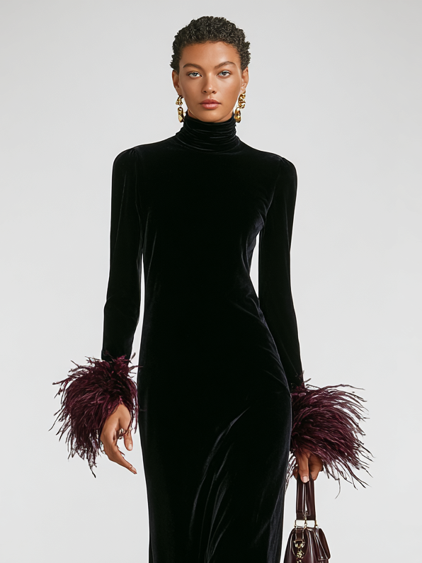 Roxanne | Black Velvet Turtleneck Feather Cuff Fitted Formal Maxi Dress