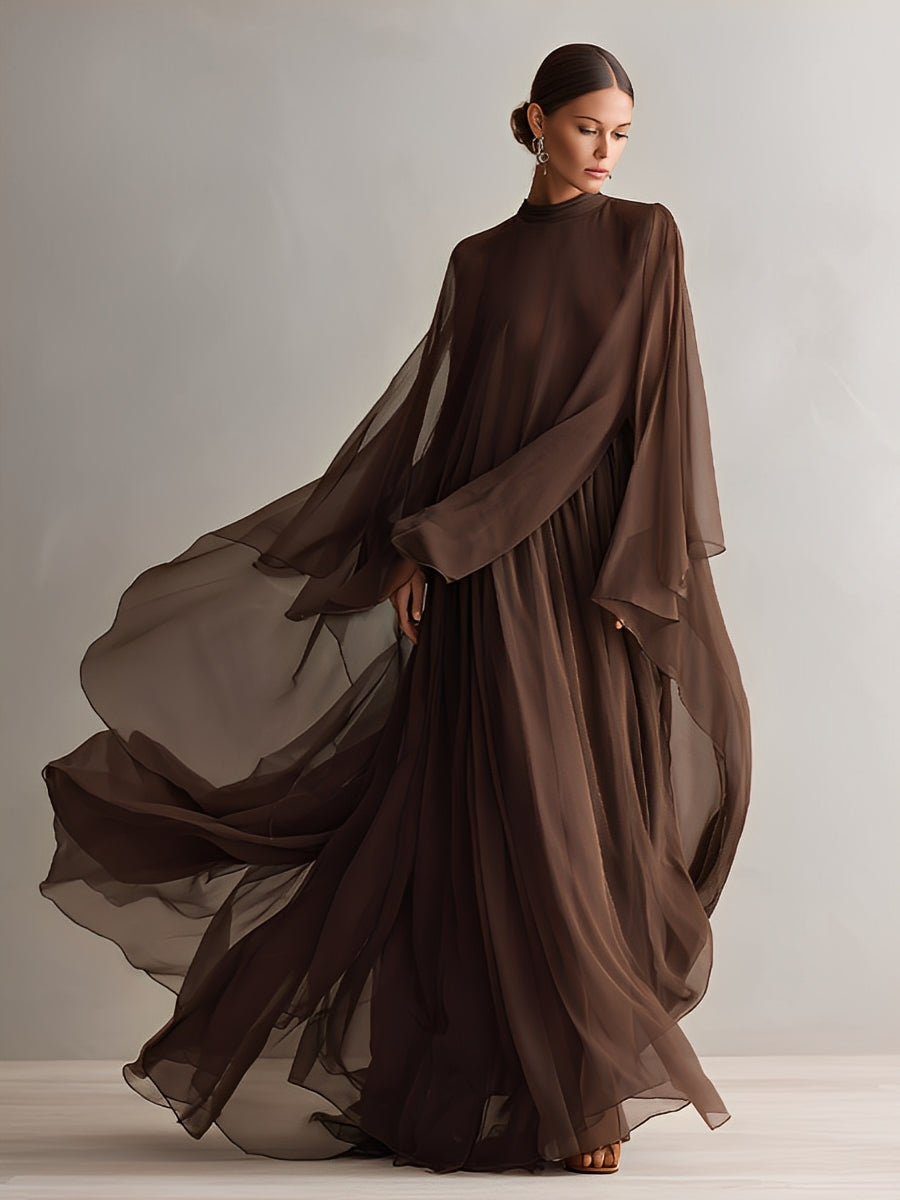 Aria | Brown Chiffon Turtleneck Cape Sleeve Flowing Formal Maxi Dress