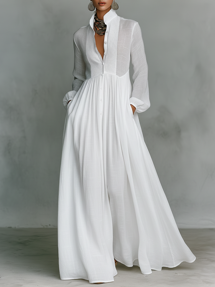 Lauren | Linen Stand Collar Pleated Maxi Dress for Women