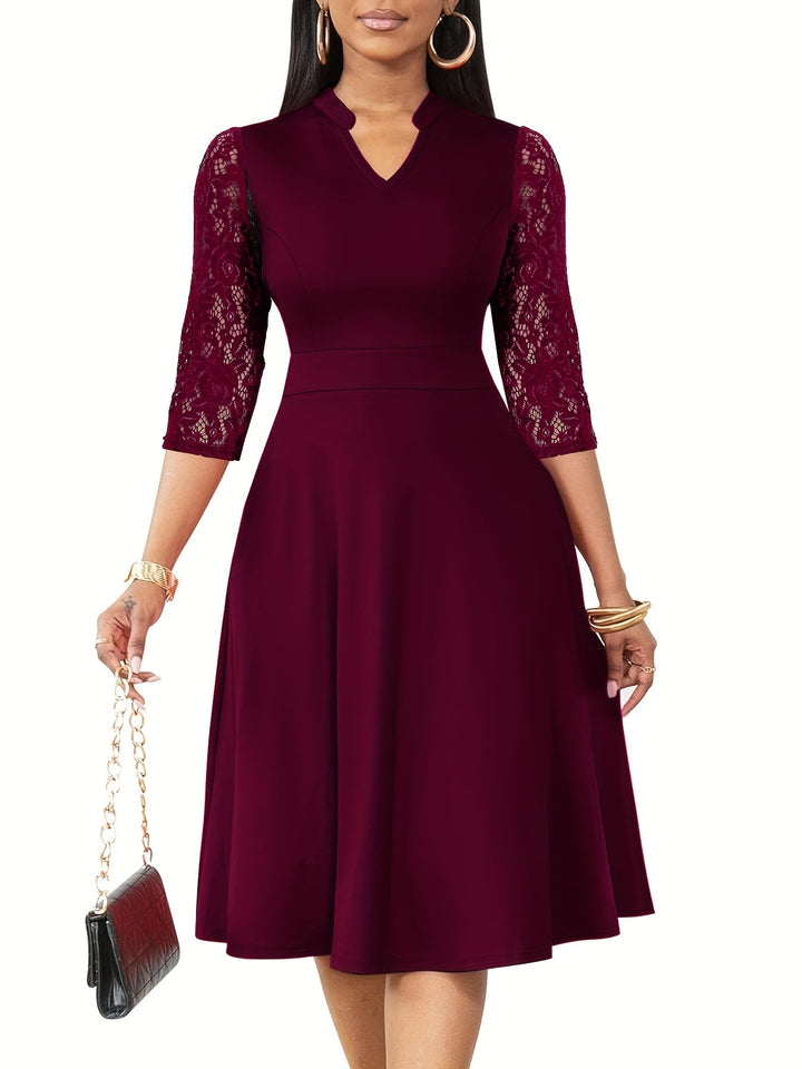 Elegant Lace Midi Dress for Women with Notch Neck Three Quarter Sleeve Fit and Flare Cocktail Style