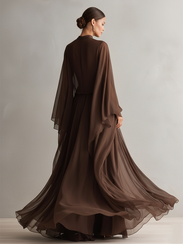 Aria | Brown Chiffon Turtleneck Cape Sleeve Flowing Formal Maxi Dress