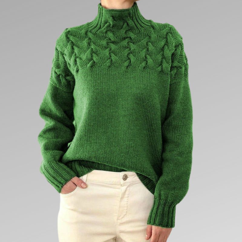 Comfortable Cable Knit Turtleneck Sweater for Women with Textured Yoke Puff Sleeve Ribbed Cuff Style