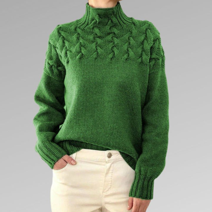 Comfortable Cable Knit Turtleneck Sweater for Women with Textured Yoke Puff Sleeve Ribbed Cuff Style