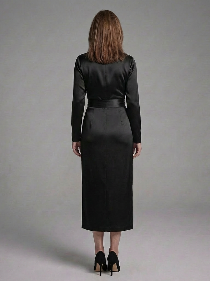 Elegant Satin Wrap Autumn Wedding Guest Dress for Women with Long Sleeve Surplice Neckline Tie Waist