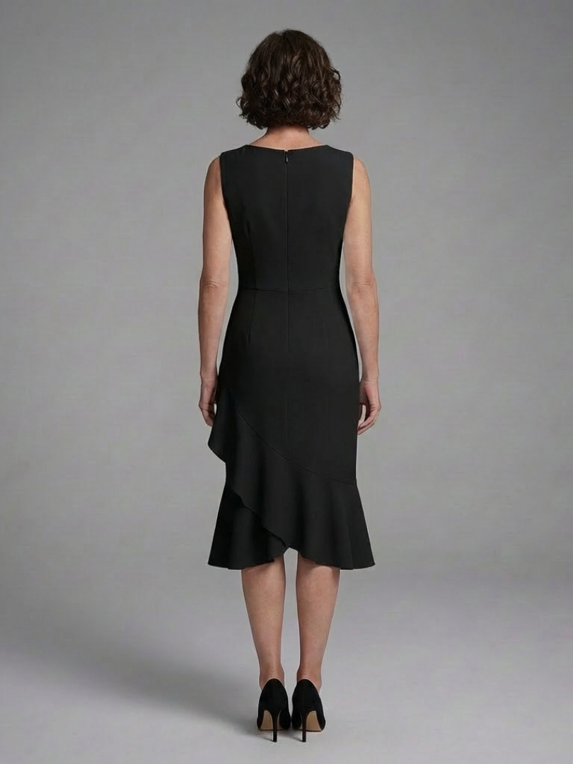 Elegant Sleeveless Midi Dress for Women with Ruffle Hem Fitted Waist Formal Wedding Guest Style