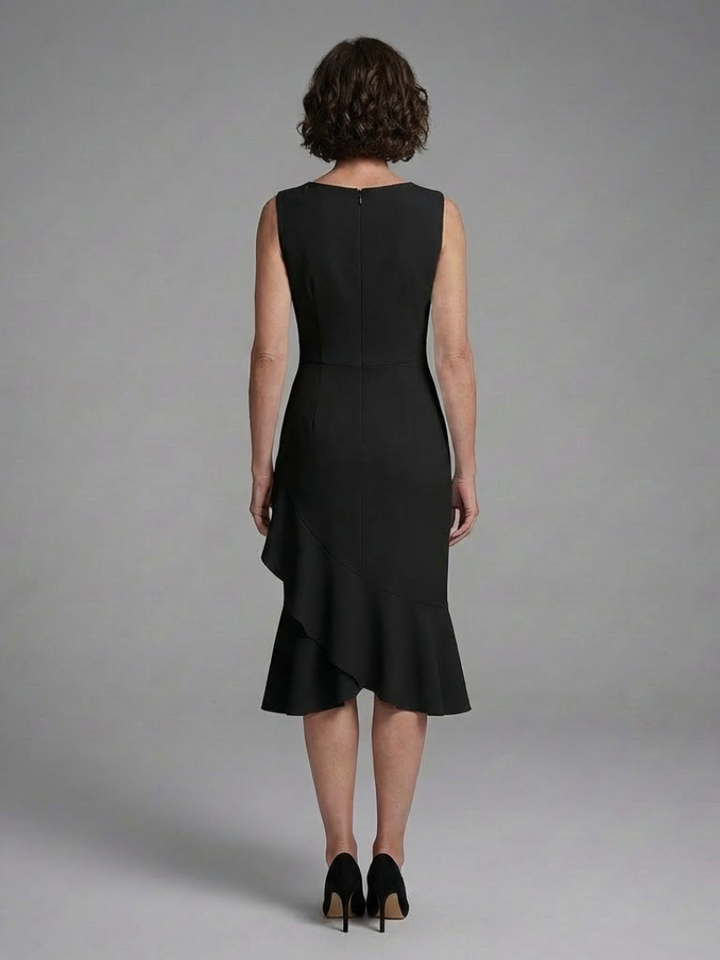 Elegant Sleeveless Midi Dress for Women with Ruffle Hem Fitted Waist Formal Wedding Guest Style