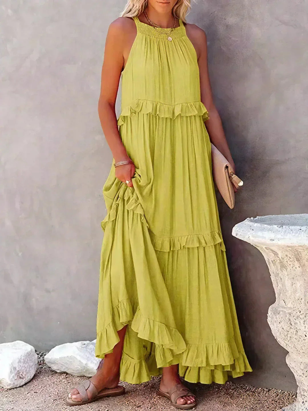 Elegant Tiered Chiffon Maxi Cocktail Dress for Women with Halter Neckline Ruffle Layers Flowing Skirt