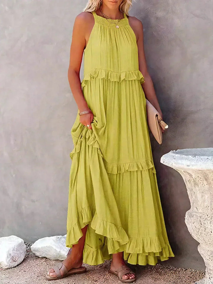 Elegant Tiered Chiffon Maxi Cocktail Dress for Women with Halter Neckline Ruffle Layers Flowing Skirt