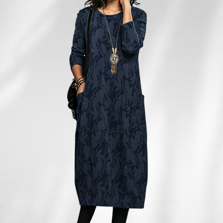 Effortless Printed Maxi Dress for Women with Round Neck Long Sleeve Side Pocket Relaxed Bohemian Style