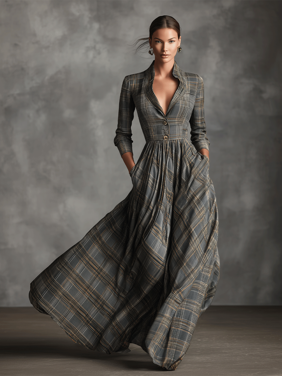 Fiona | Tartan Plaid Lapel Button Waist Flared Maxi Dress for Women