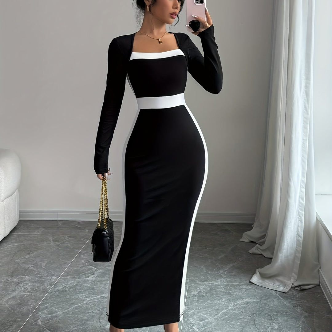 Elegant Black Colorblock Maxi Dress for Women with Square Neck Long Sleeve Bodycon Column Style