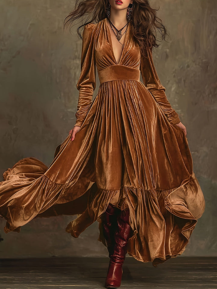 Elegant Velvet Maxi Dress for Women with Plunging V Neck Long Sleeve Tiered Ruffle Flowing Style