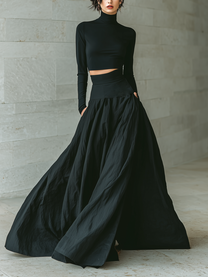 Zoe | Black Two Piece Set Turtleneck Crop Top Flared Maxi Skirt Formal Style