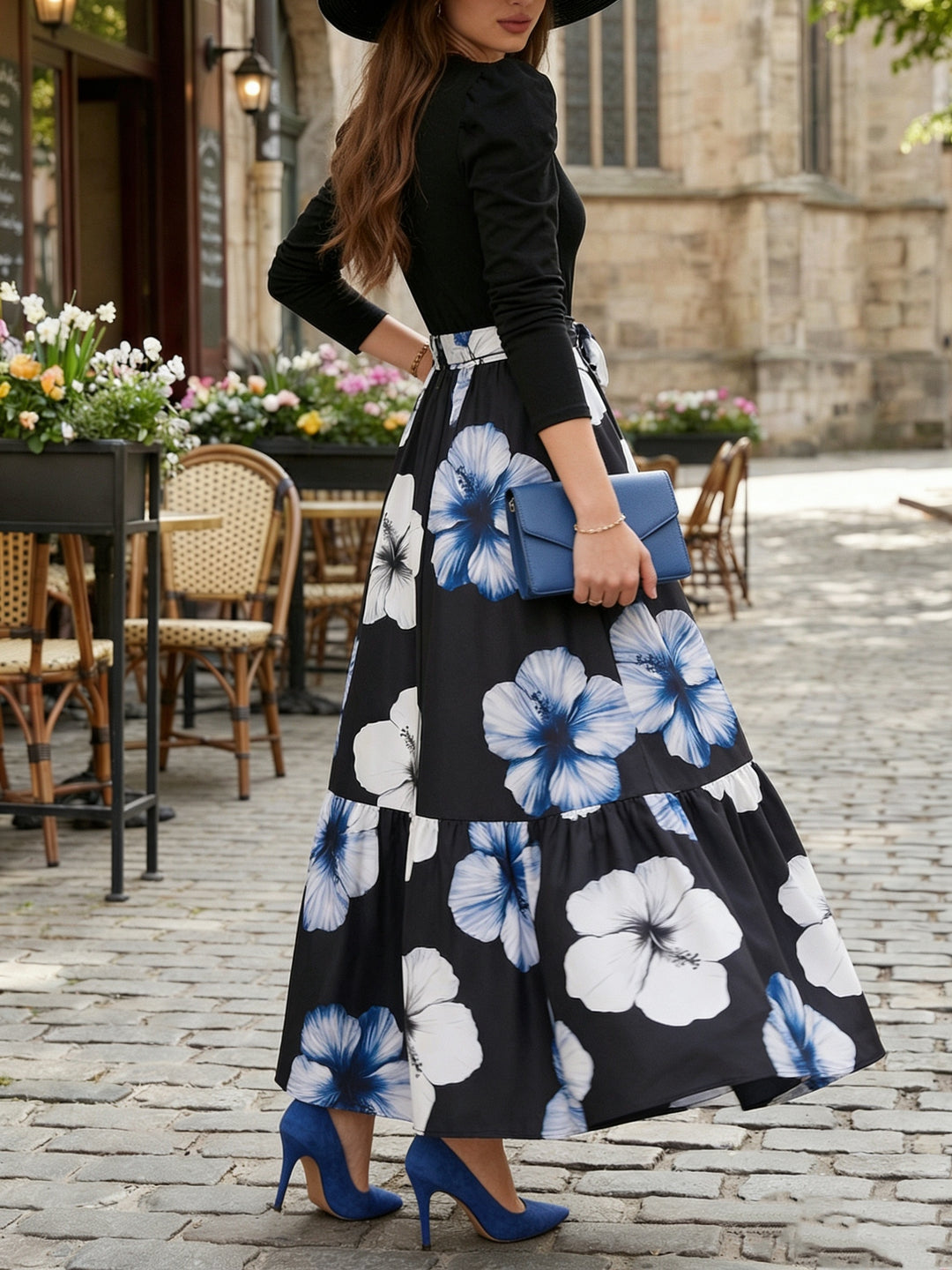 Women's Blue and Black Dress Floral Long Sleeve Maxi Set