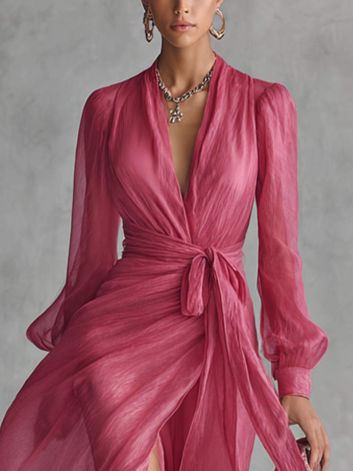 Gabrielle | Pink Dresses for Women with V Neck Tie Waist Chiffon Maxi Style