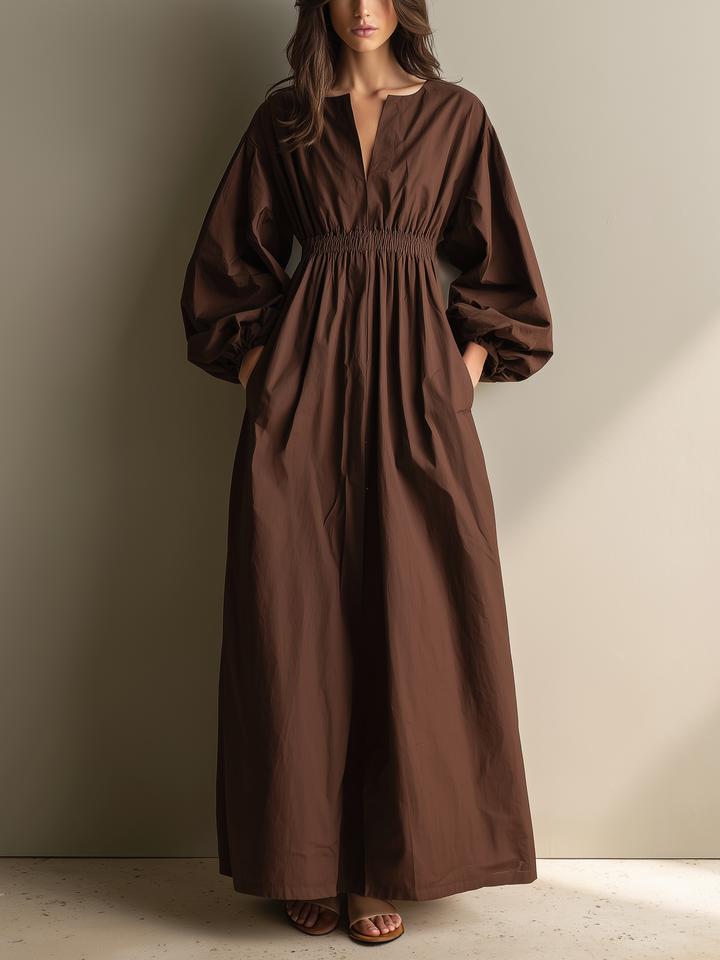 Autumn | Brown V Neck Puff Sleeve Elastic Waist Casual Maxi Dress