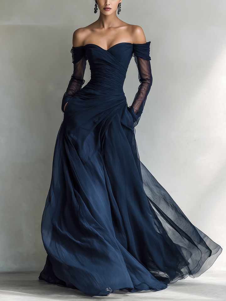 Serena | Formal Wedding Guest Dresses for Women Off Shoulder Sheer Sleeve Chiffon Maxi Style