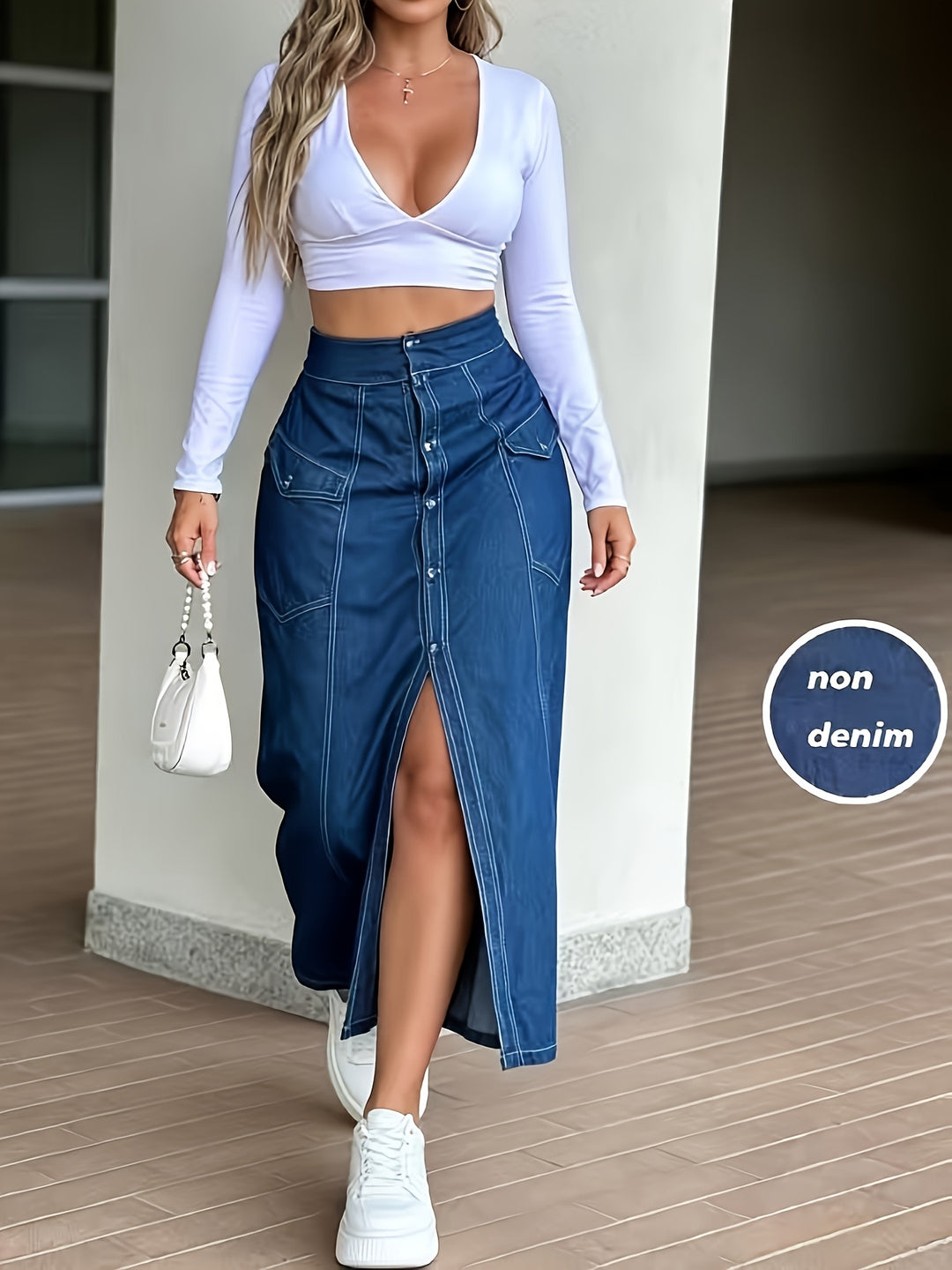 Women's Blue Denim High Waist Front Slit Maxi Long Skirt