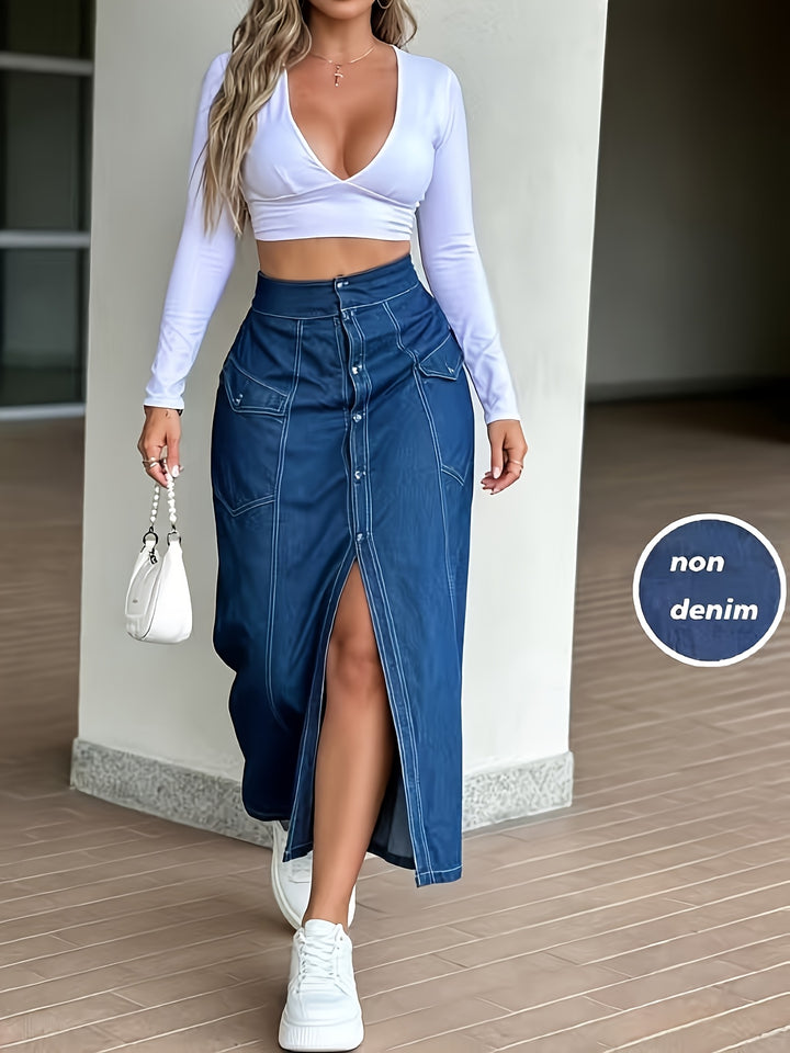 Women's Blue Denim High Waist Front Slit Maxi Long Skirt