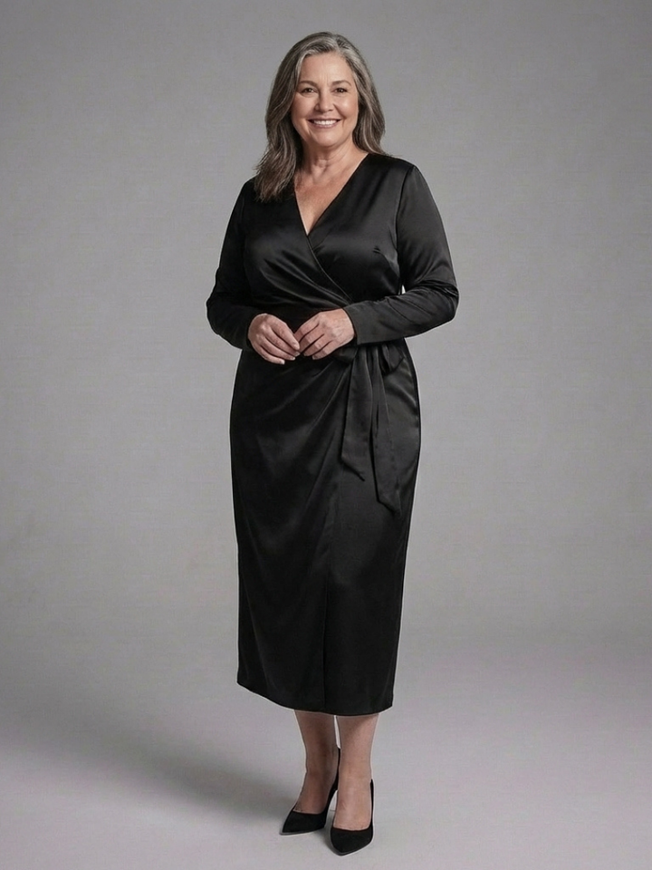 Elegant Satin Wrap Autumn Wedding Guest Dress for Women with Long Sleeve Surplice Neckline Tie Waist