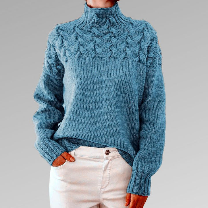 Comfortable Cable Knit Turtleneck Sweater for Women with Textured Yoke Puff Sleeve Ribbed Cuff Style