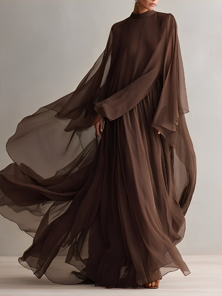 Aria | Brown Chiffon Turtleneck Cape Sleeve Flowing Formal Maxi Dress
